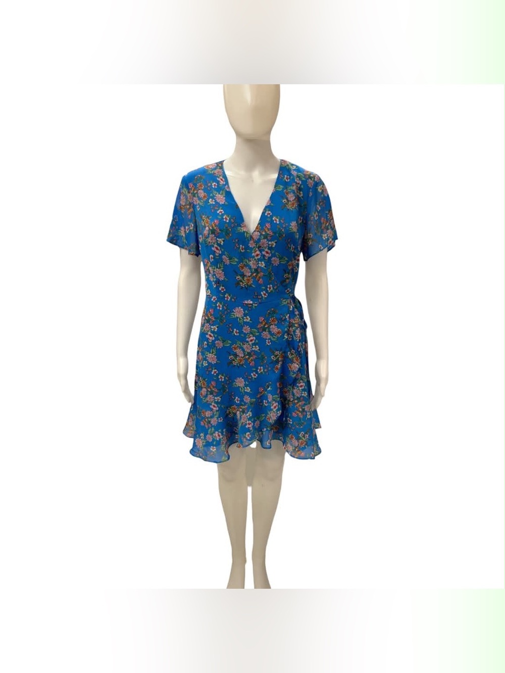 Lush Blue Floral V-Neck Mini Wrap Dress Size S